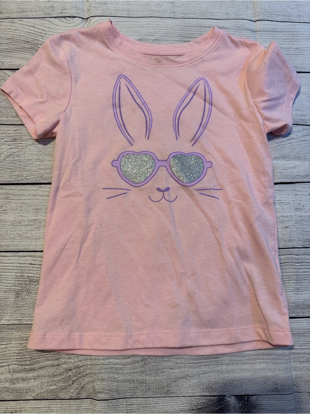 Celebrate It Pink Bunny Short Sleeve Shirt with Glitter Sunglasses size Small